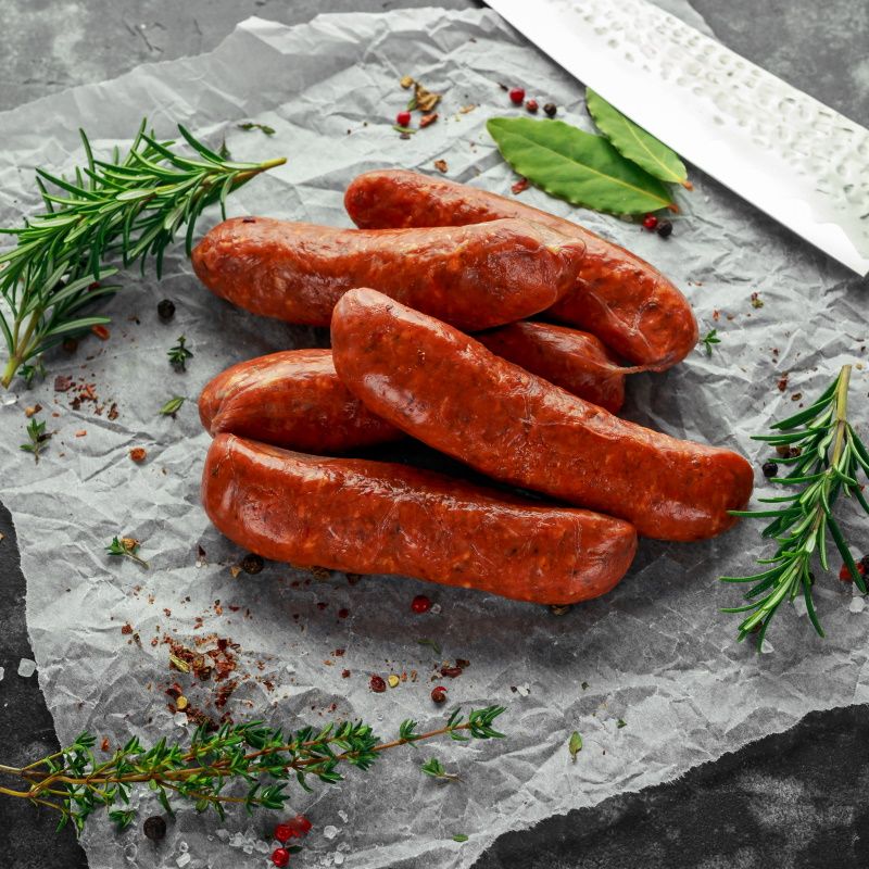 Freshly Made Raw Breed Butchers Sausages In Skins With Herbs On Crumpled Paper