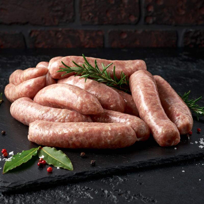 Freshly Made Raw Butchers Sausages In Skins With Herbs On Stone Board.